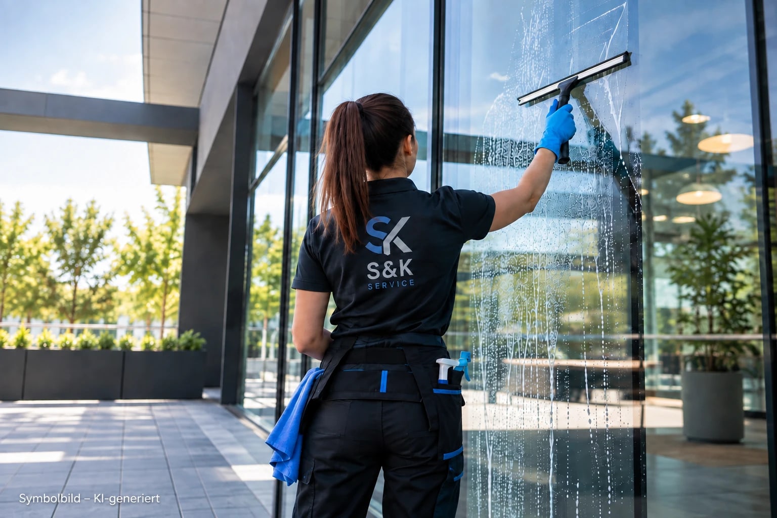 Mitarbeiterin von S&K Service reinigt eine Glasfassade mit dem Fensterwischer (Symbolbild, KI-generiert)