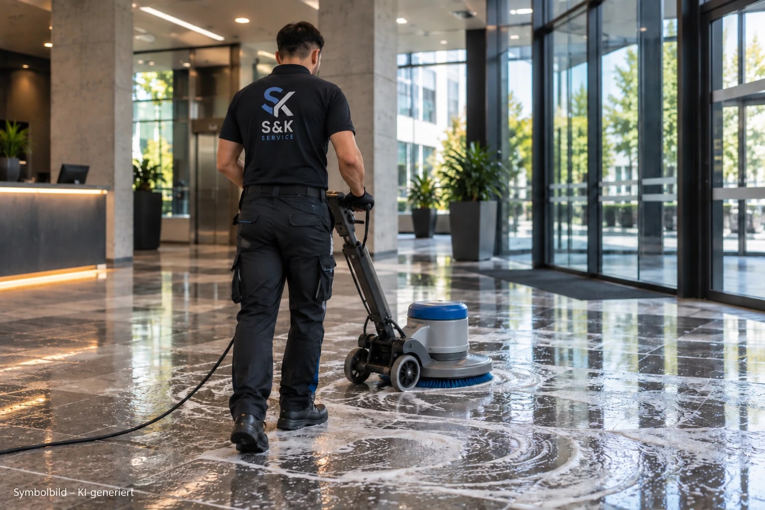Mitarbeiter von S&K Service bei der Grundreinigung eines Steinbodens mit der Einscheibenmaschine (Symbolbild, KI-generiert)