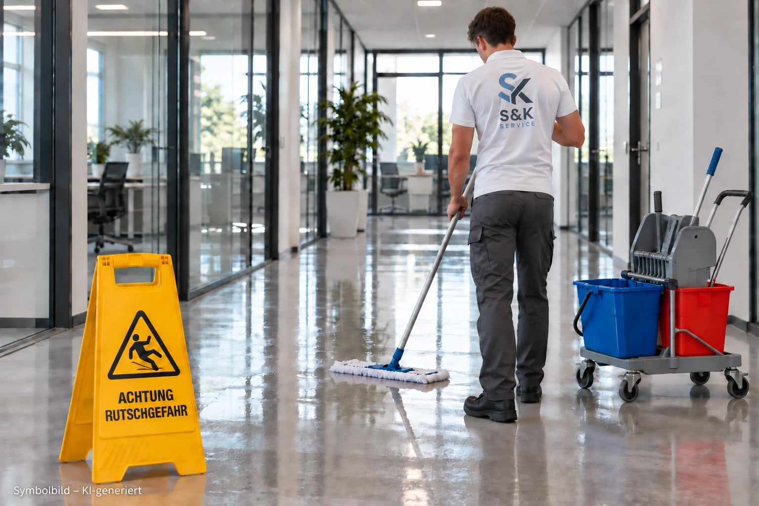 Mitarbeiter von S&K Service wischt einen Büroflur, daneben ein Warnschild und ein Reinigungswagen (Symbolbild, KI-generiert)